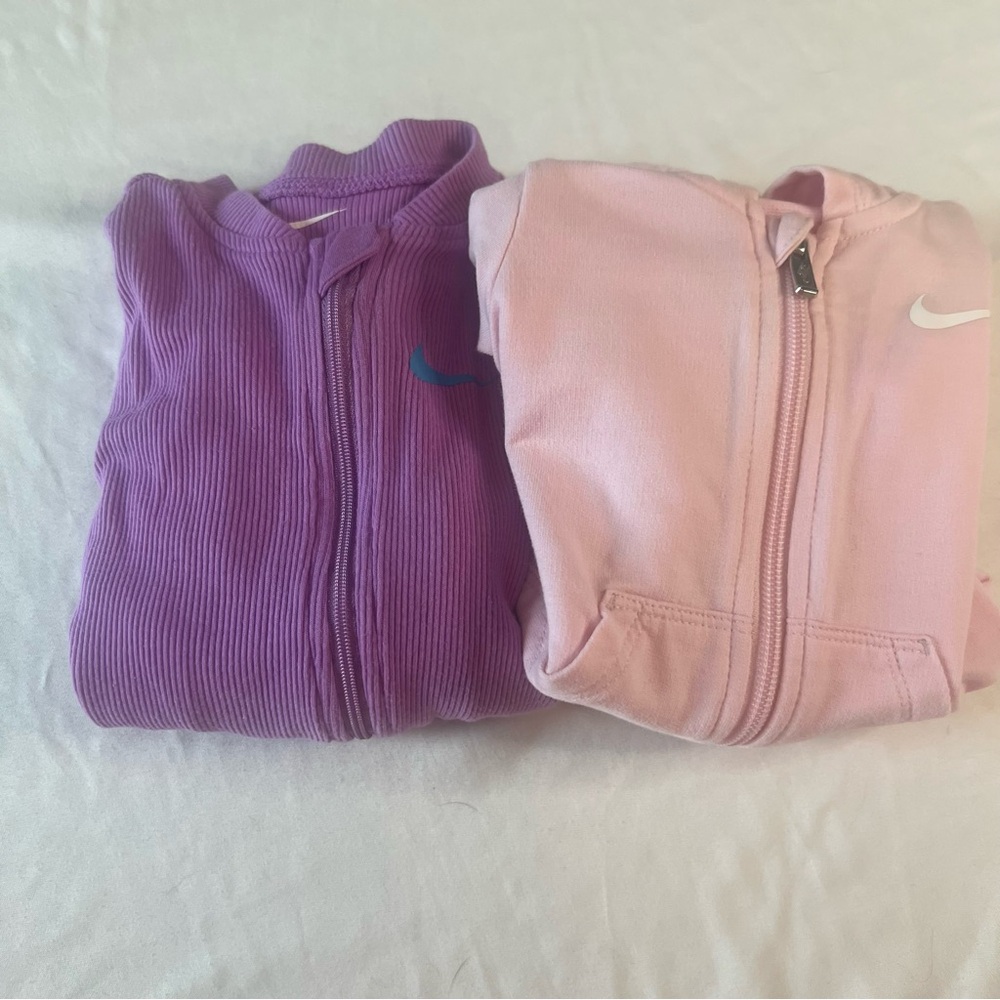 Nike Baby Hooded Romper Sleeper Bundle Pink Purple Zip 9M Infant 2 Pc